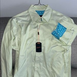 Light Green Textured Shirt with Blue Patterned Cuffs - Reversible